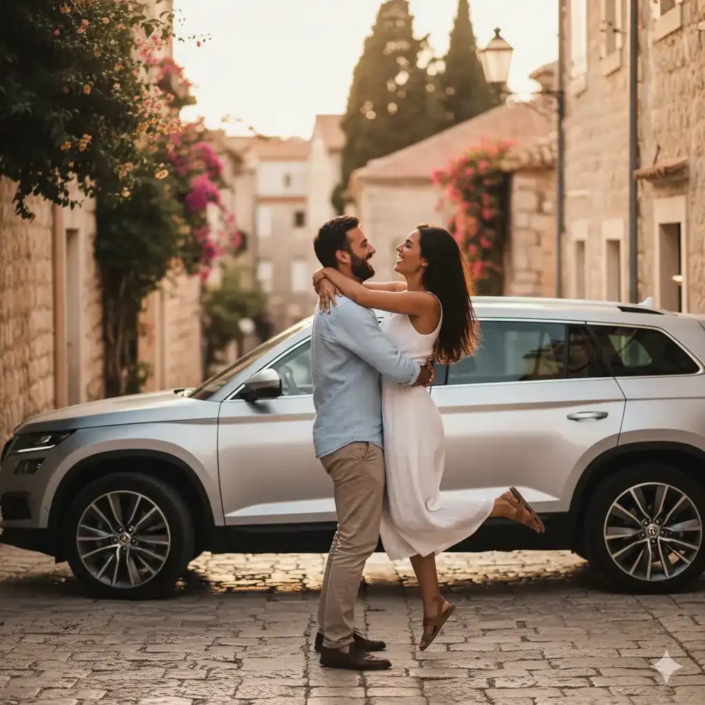 Happy couple with their new car